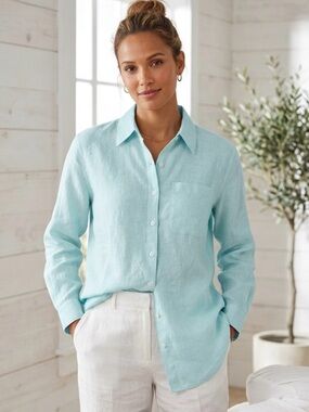 Liz Claiborne Linen Button Down Light Aqua, Mint Size M Liz Sport